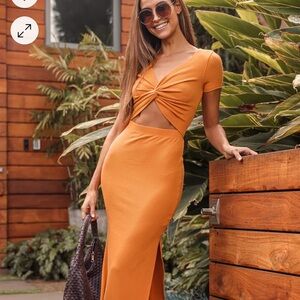 Lulus Style Twist Orange Twist Front Cutout Midi Dress